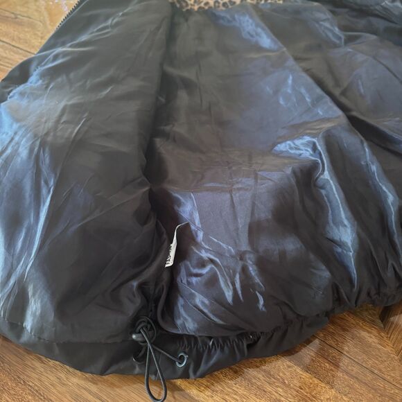 Cropped Black Puffer Jacket Soft Suede Leopard Print Collar Ribbed Cuffs Urban - Picture 5 of 12